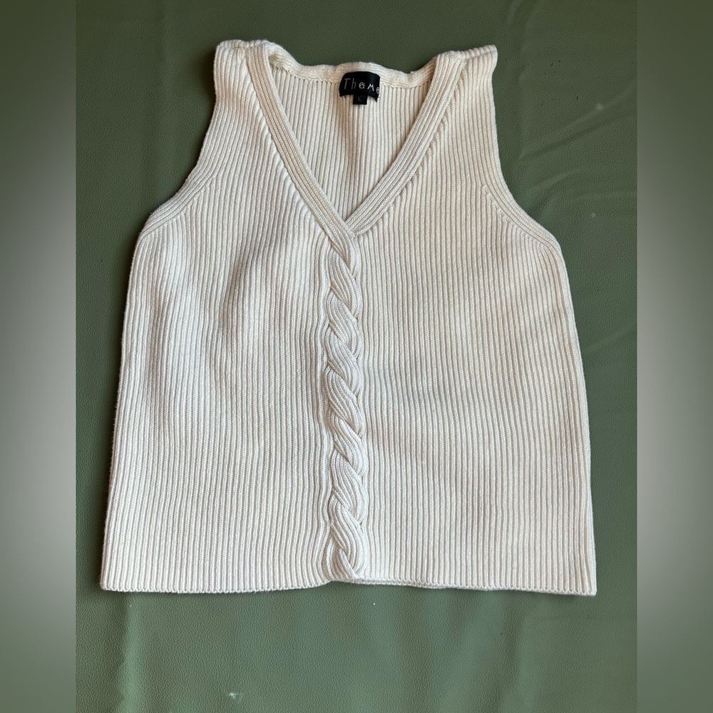 Ribbed Cable Knit Sweater Vest Cream Ivory V-Neck Size Large Cotton